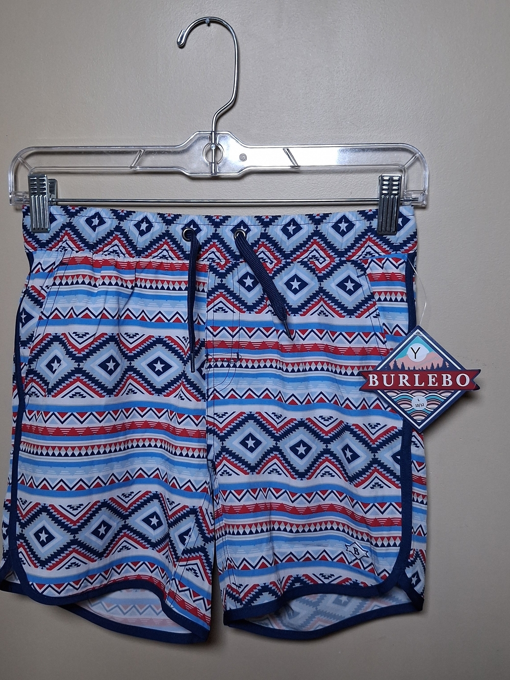 Burlebo Youth NWT Patriotic Aztec Swim Trunks; Size L (10-12); Lined